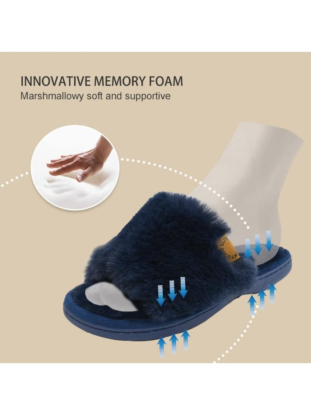 Womens Navy Blue Indoor Memory Foam Soft Faux Fur Nonslip Open Toe Slipper Shoes - Picture 5 of 7